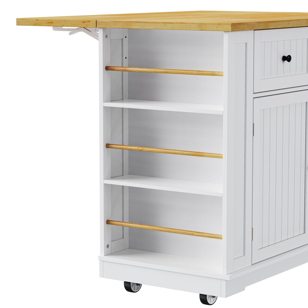 White kitchen island from Anthony & Home's Atelier Collection with spacious countertop and storage drawers.