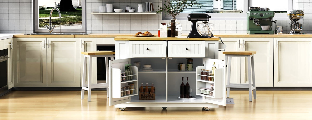 White Anthony & Home Kitchen Island from the Atelier Collection with storage cabinets and a spacious countertop.