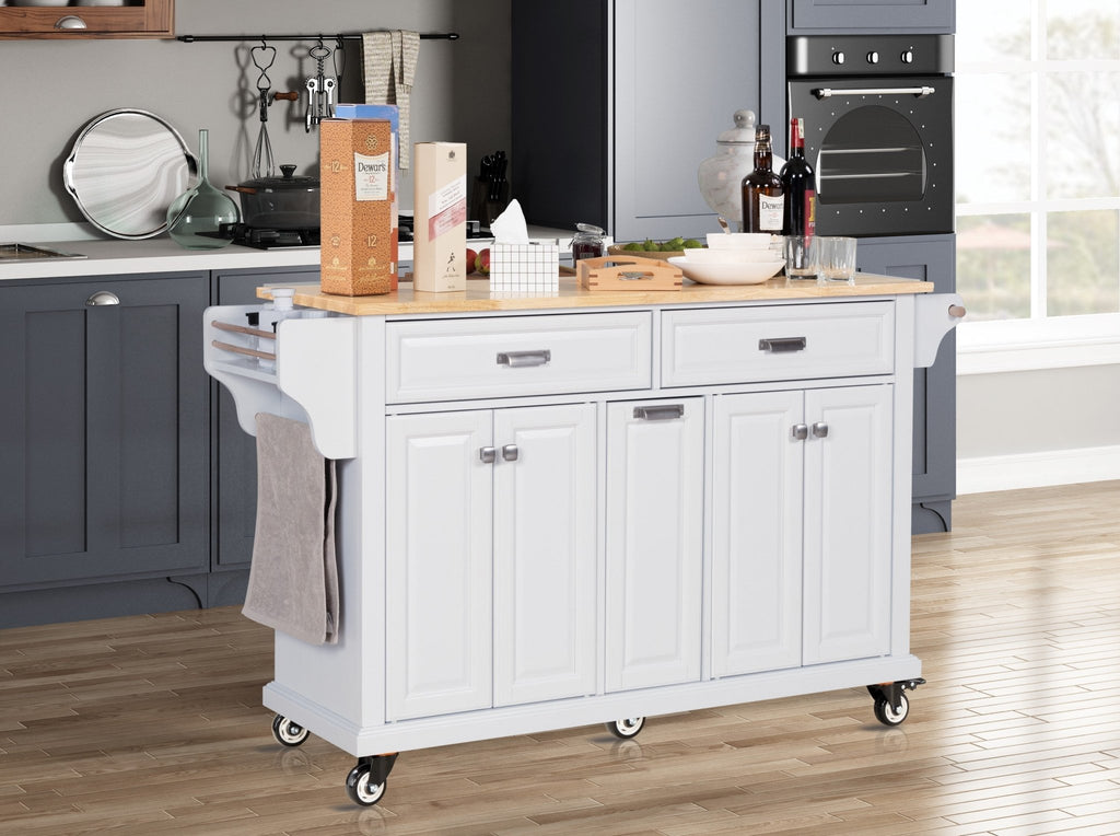 White kitchen island with rubber wood countertop by Anthony & Home, featuring storage shelves and a spacious surface for cooking prep.