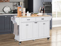 White kitchen island with rubber wood countertop by Anthony & Home, featuring storage shelves and a spacious surface for cooking prep.