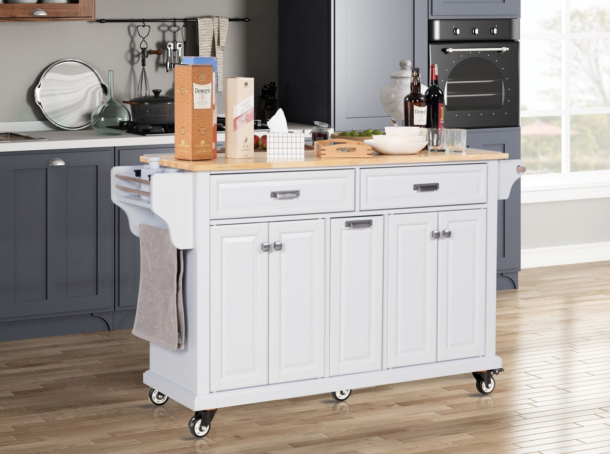 White kitchen island with rubber wood countertop by Anthony & Home, featuring storage shelves and a spacious surface for cooking prep.