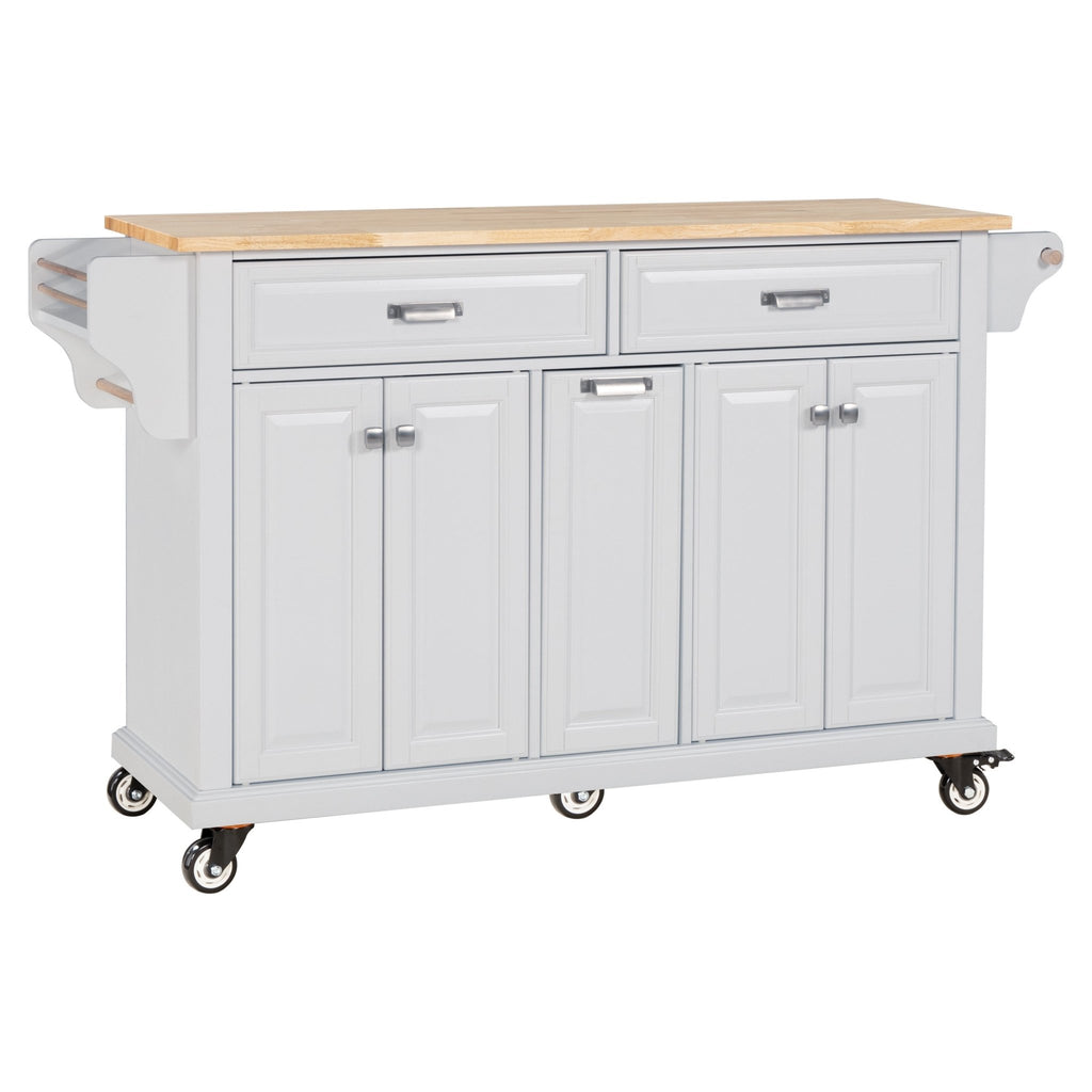 White kitchen island with rubber wood countertop by Anthony & Home, showcasing a modern design with storage shelves.