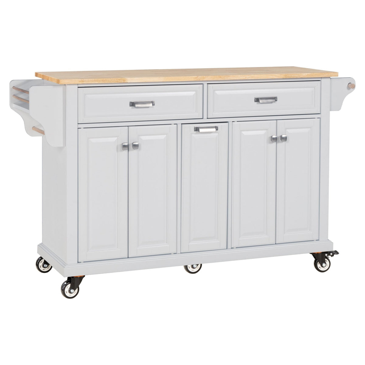 White kitchen island with rubber wood countertop by Anthony & Home, showcasing a modern design with storage shelves.