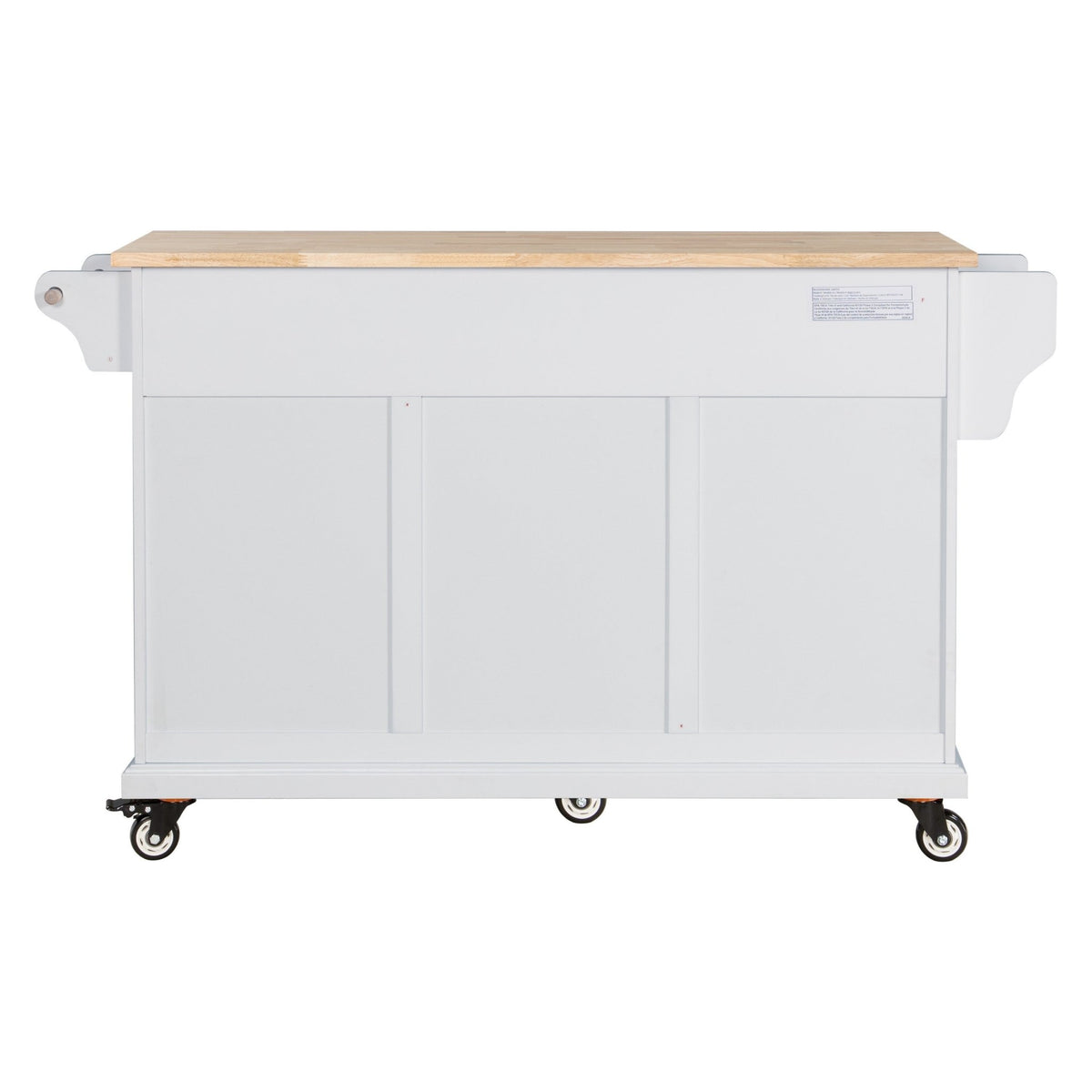 White kitchen island with rubber wood countertop by Anthony & Home, featuring a spacious surface and storage drawers.