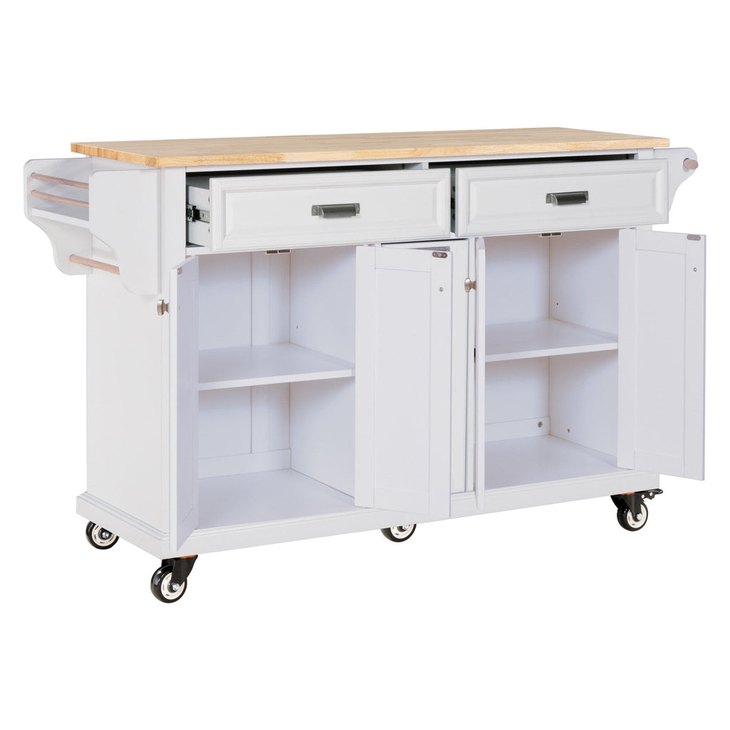 White kitchen island with rubber wood countertop, featuring storage shelves and a sleek design from Anthony & Home.