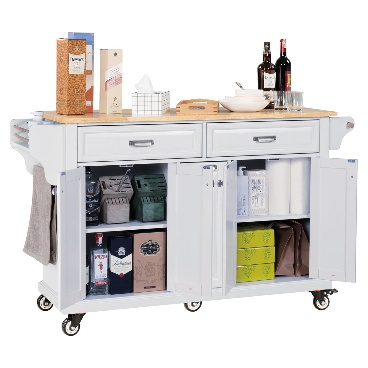 White kitchen island with rubber wood countertop from Anthony & Home, featuring storage drawers and a spacious work surface.