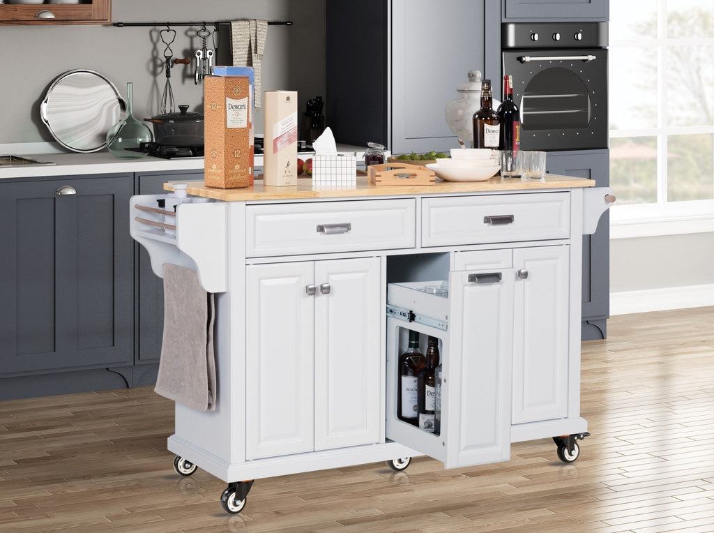 White kitchen island with rubber wood countertop by Anthony & Home, featuring storage drawers and a spacious prep surface.