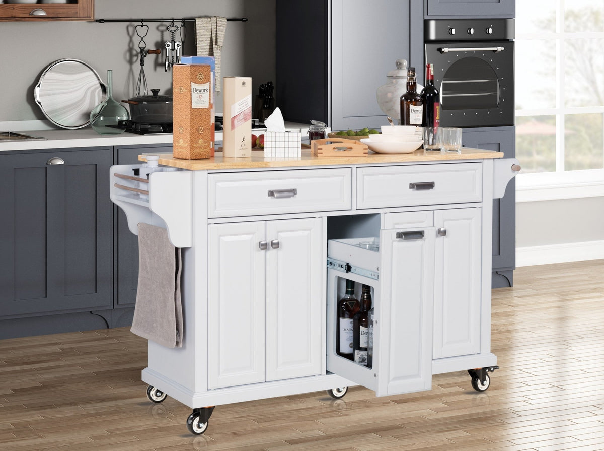 White kitchen island with rubber wood countertop by Anthony & Home, featuring storage drawers and a spacious prep surface.