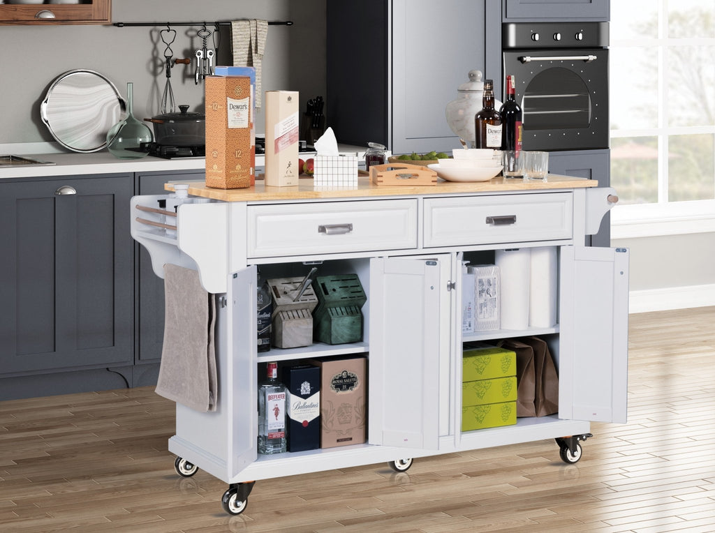 White kitchen island with rubber wood countertop by Anthony & Home, featuring storage shelves and a spacious work surface.