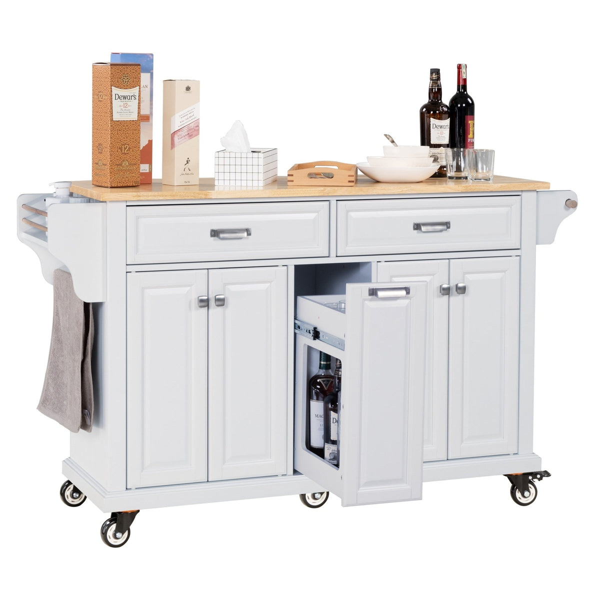 White kitchen island with rubber wood countertop by Anthony & Home, featuring a spacious surface and storage drawers.