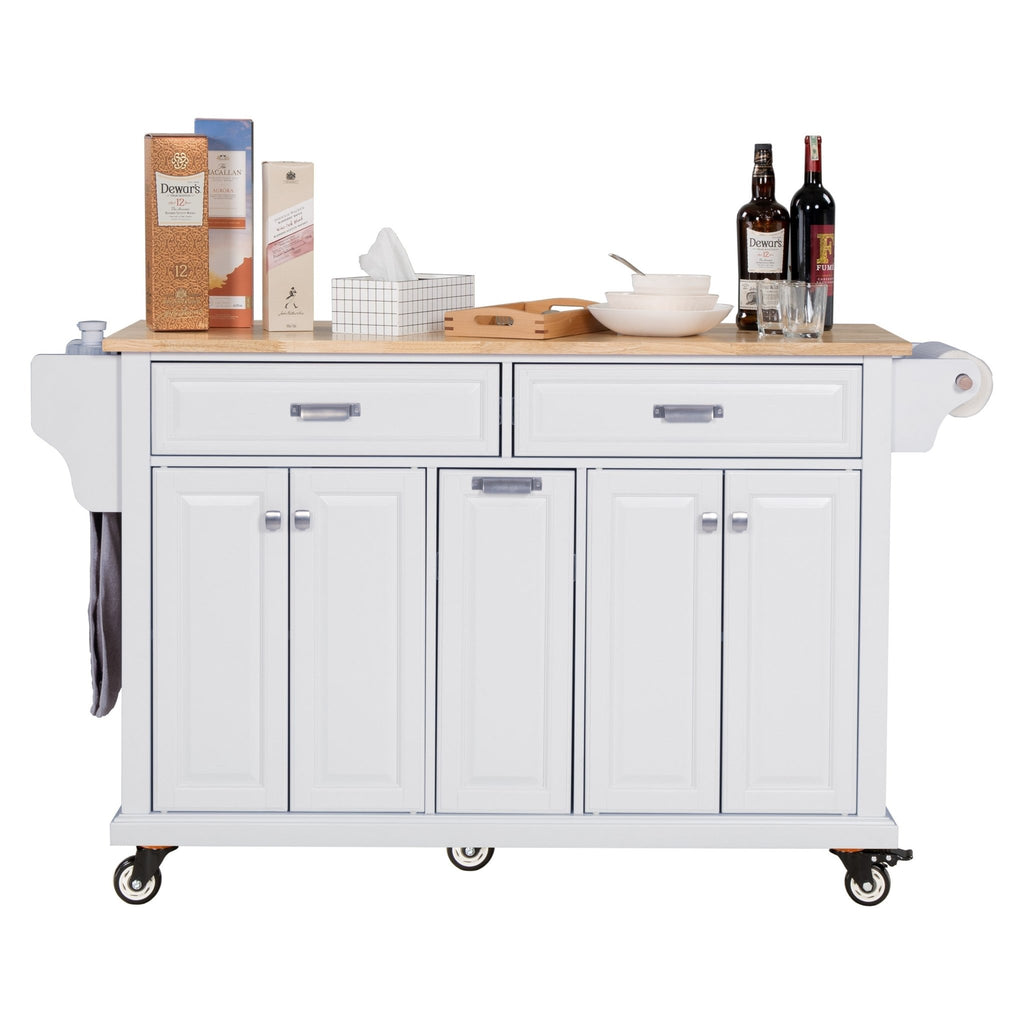 White kitchen island with rubber wood countertop by Anthony & Home, showing a spacious storage area and modern design.