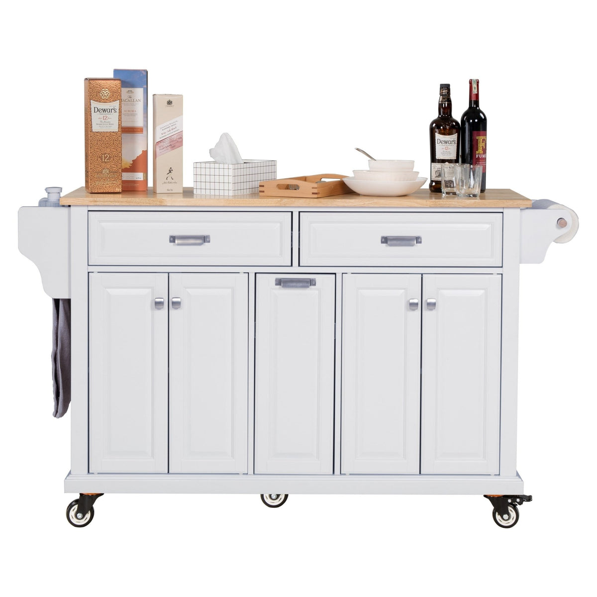 White kitchen island with rubber wood countertop by Anthony & Home, showing a spacious storage area and modern design.