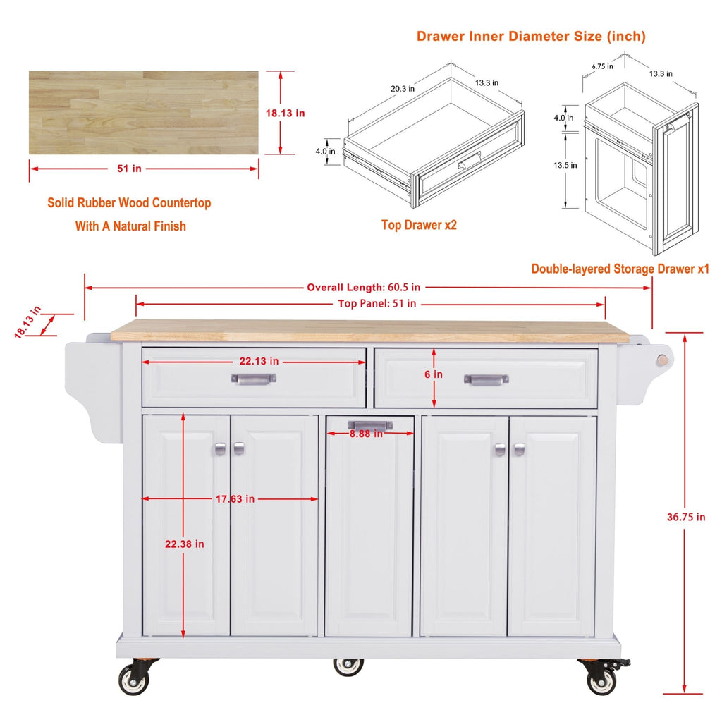 White kitchen island with rubber wood countertop by Anthony & Home, showing storage drawers and a spacious work surface.