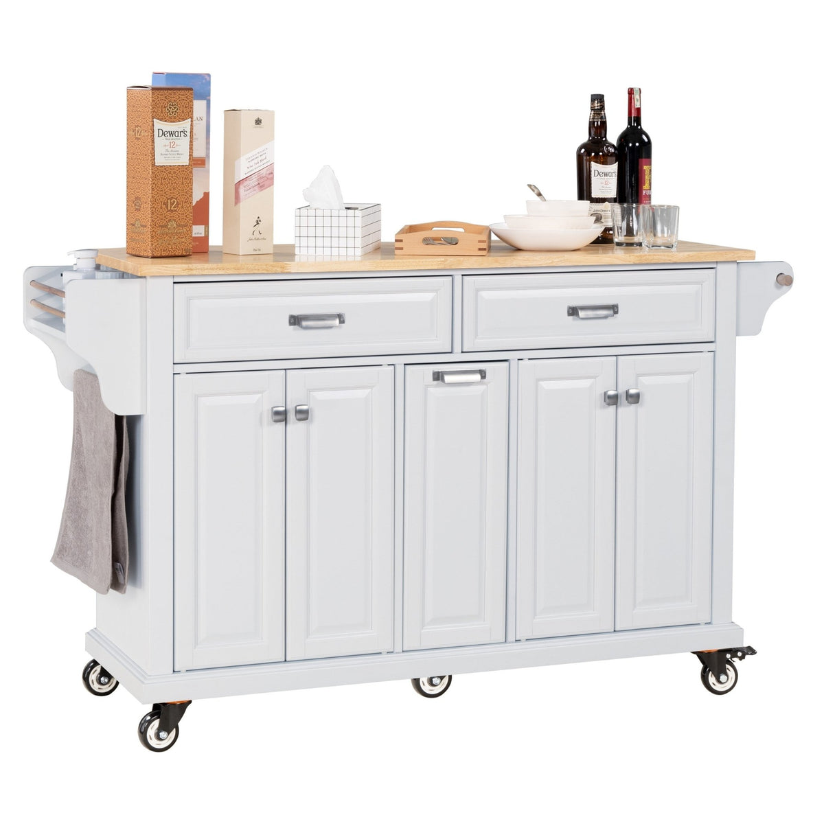 White kitchen island with rubber wood countertop by Anthony & Home, featuring ample storage and a sturdy surface for cooking and prep.