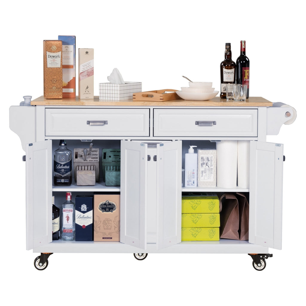 White kitchen island with rubber wood countertop by Anthony & Home, featuring storage cabinets and a spacious workspace.