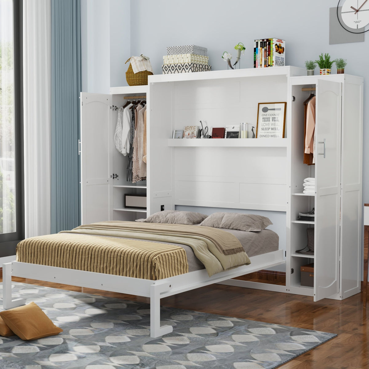 White wood queen Murphy bed with built-in wardrobes from Anthony & Home, limited edition, featuring sleek design and storage space.