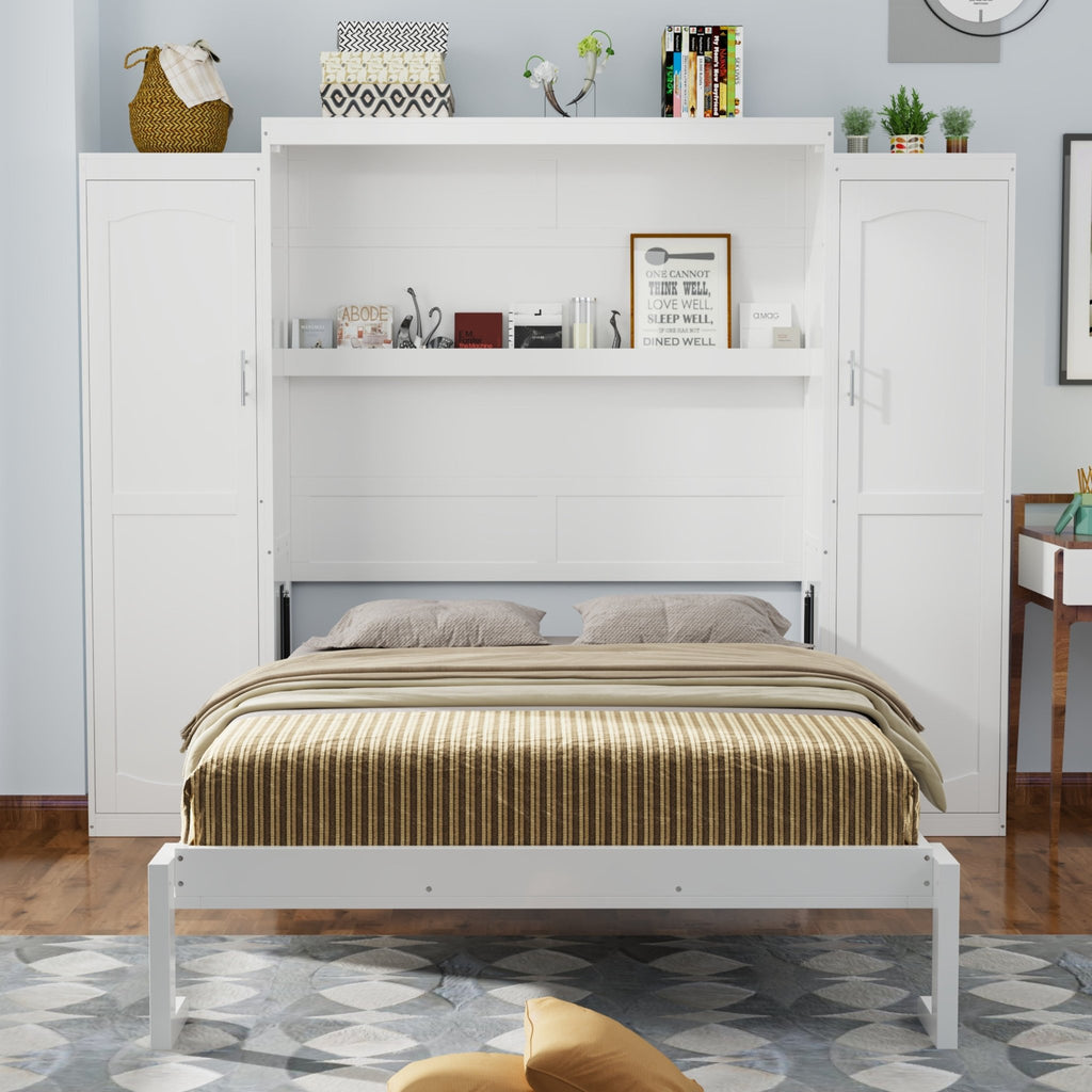 White wood queen Murphy bed with built-in wardrobes by Anthony & Home, featuring a sleek, space-saving design with clean lines.
