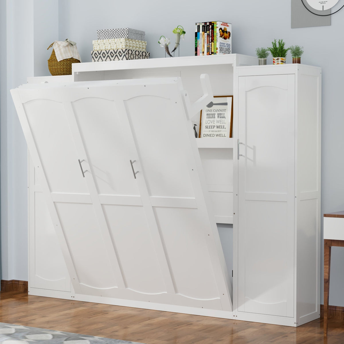 White wood Queen Murphy bed with integrated wardrobes by Anthony & Home, showcasing a sleek, space-saving bedroom furniture design.