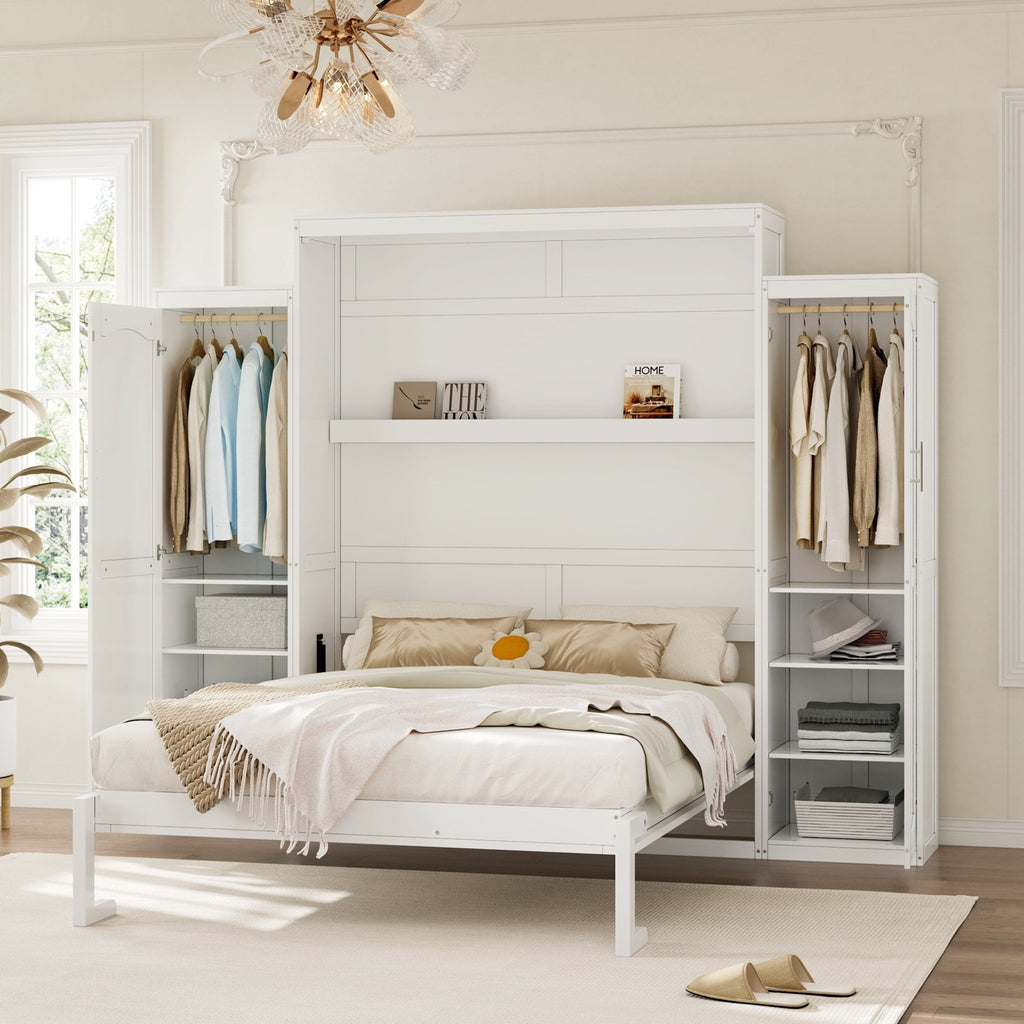 White wood Queen Murphy bed with built-in wardrobes by Anthony & Home, featuring a sleek, modern design and storage space.