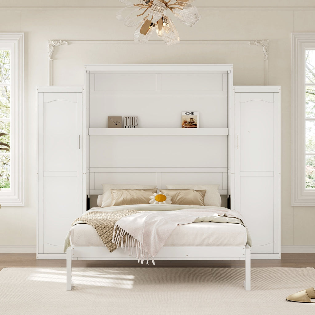 White wood queen Murphy bed with built-in wardrobes by Anthony & Home, featuring a sleek, space-saving design and modern style.