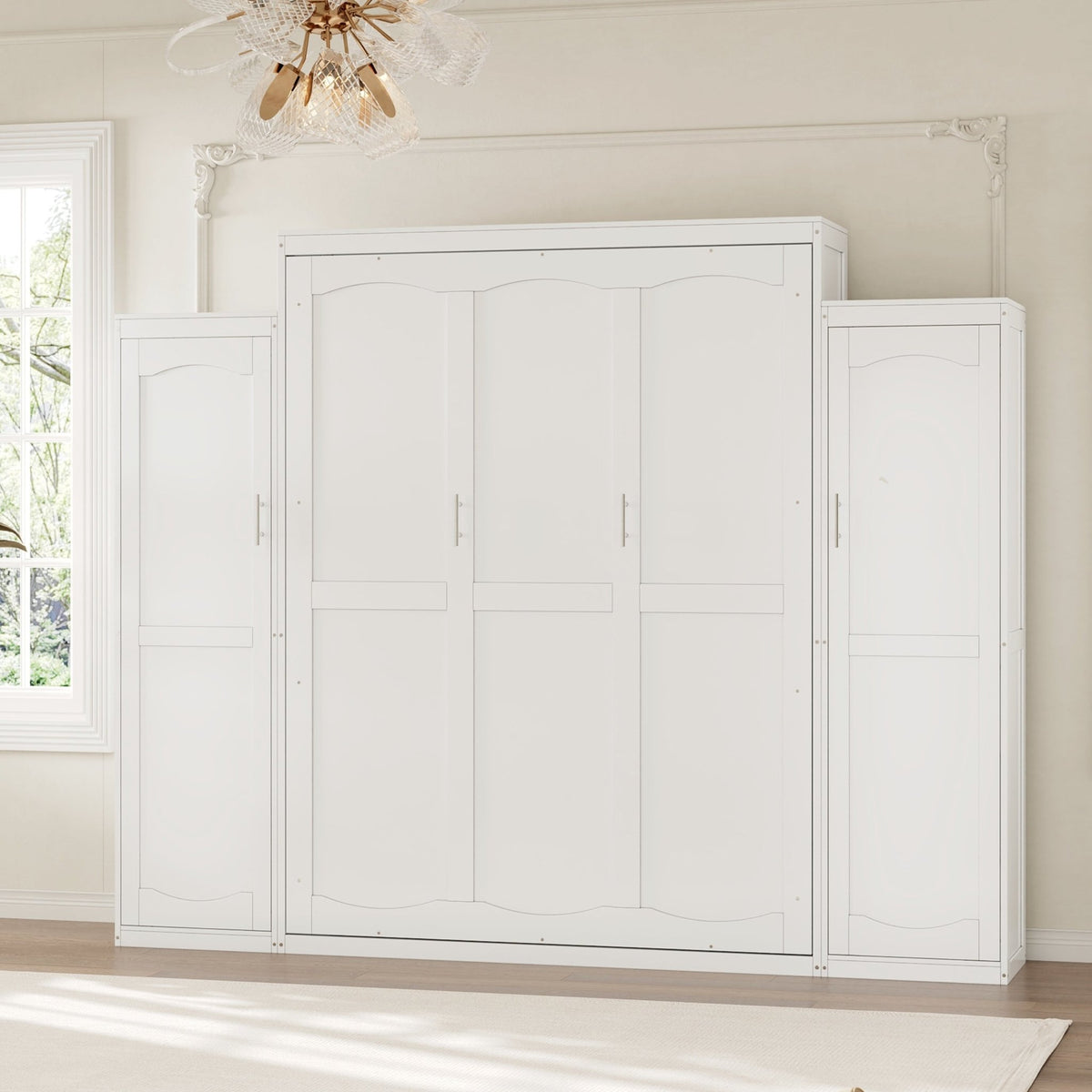 White wood queen Murphy bed with integrated wardrobes, by Anthony & Home, showcasing a modern limited edition bedroom furniture piece.
