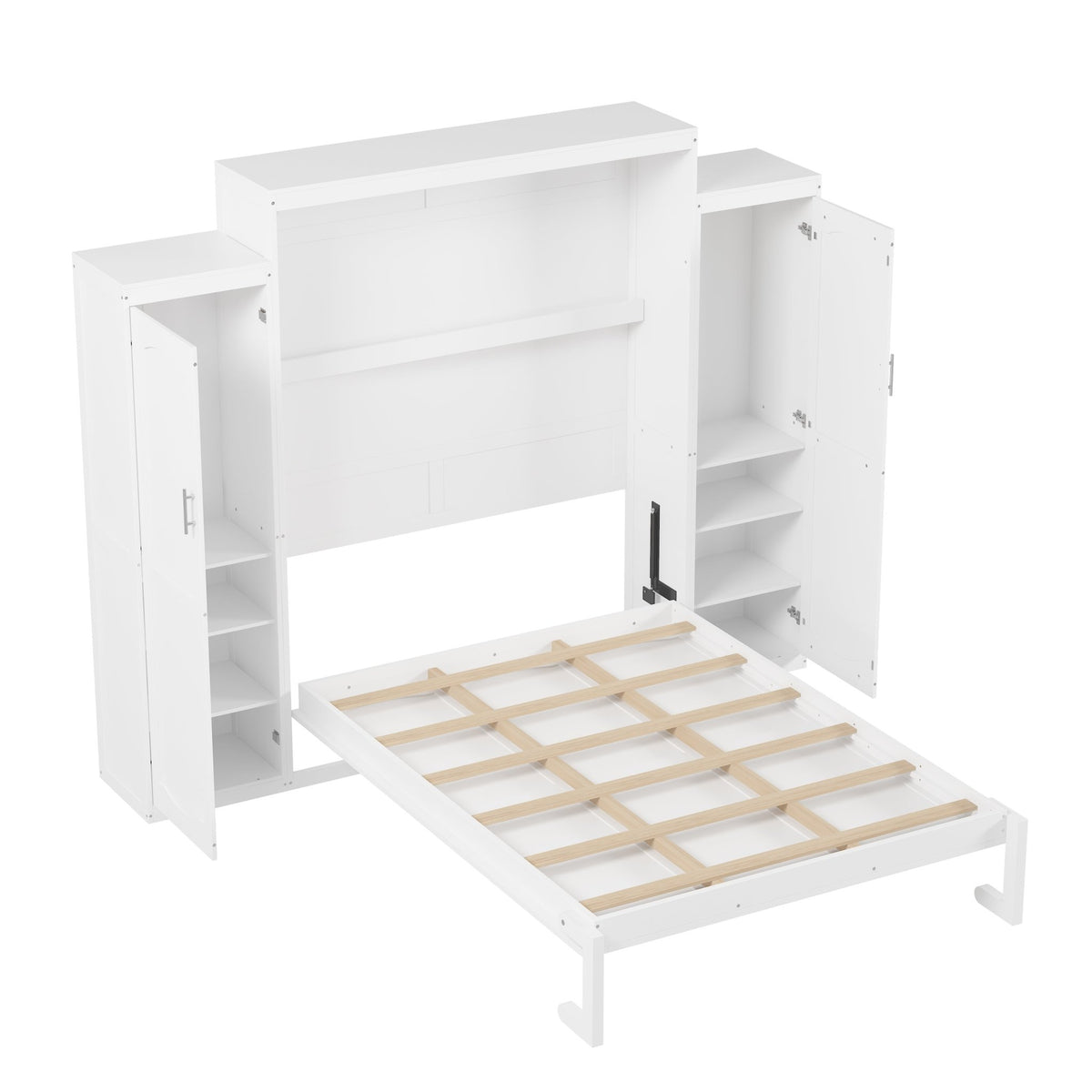 White wood queen Murphy bed with integrated wardrobes by Anthony & Home, showcasing modern storage and space-saving design.
