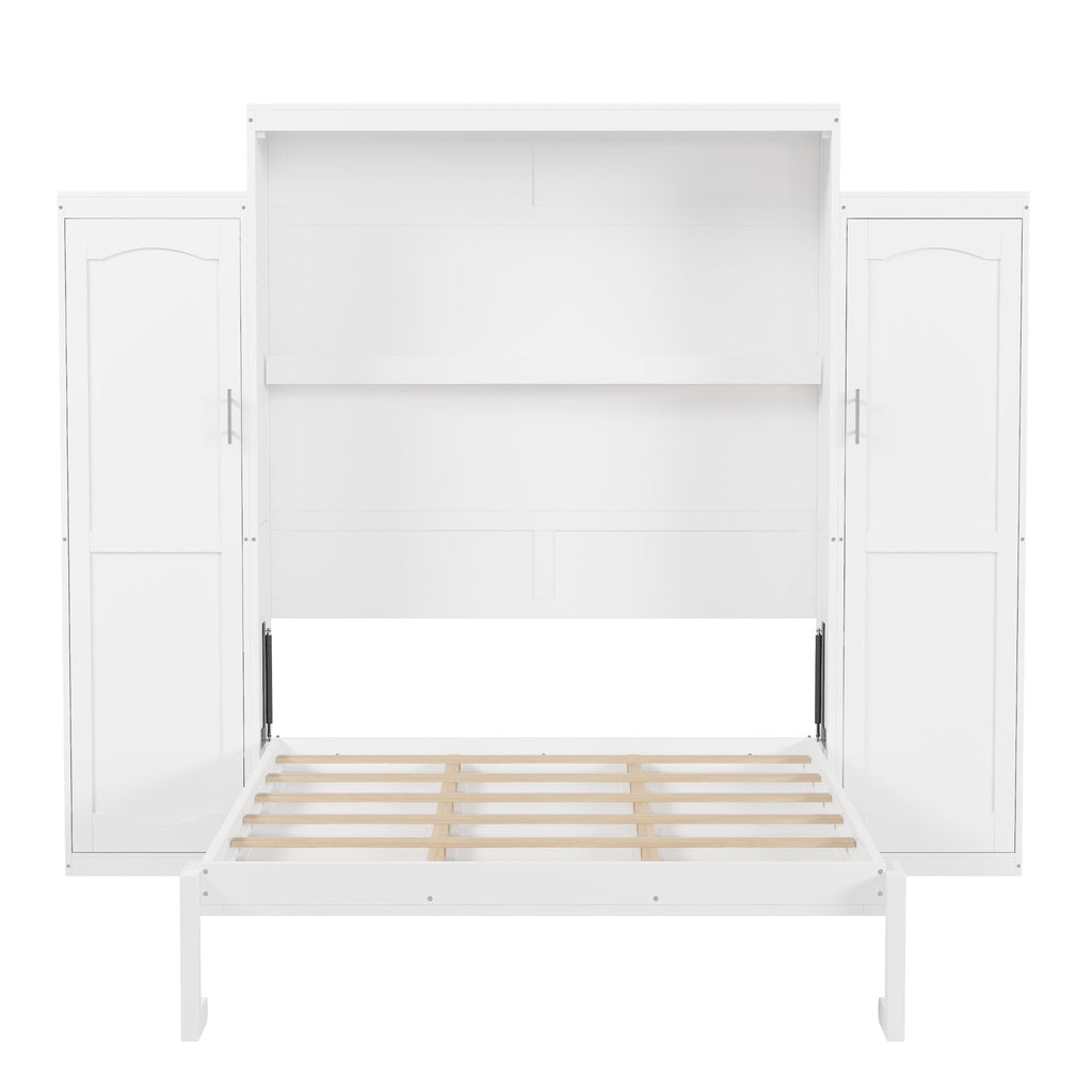 White wood queen Murphy bed with integrated wardrobes by Anthony & Home, showcasing a sleek, space-saving bedroom furniture design.