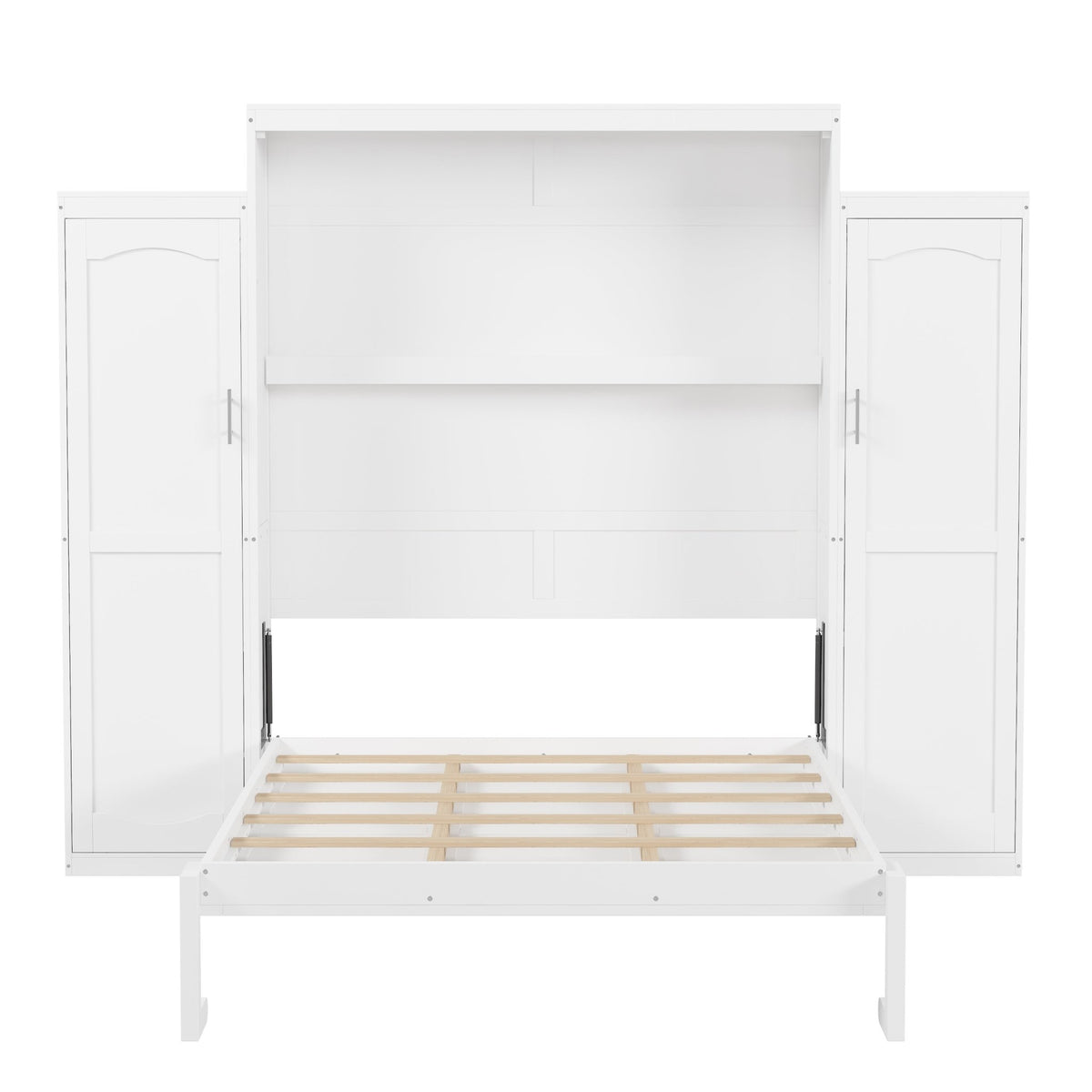 White wood queen Murphy bed with integrated wardrobes by Anthony & Home, showcasing a sleek, space-saving bedroom furniture design.