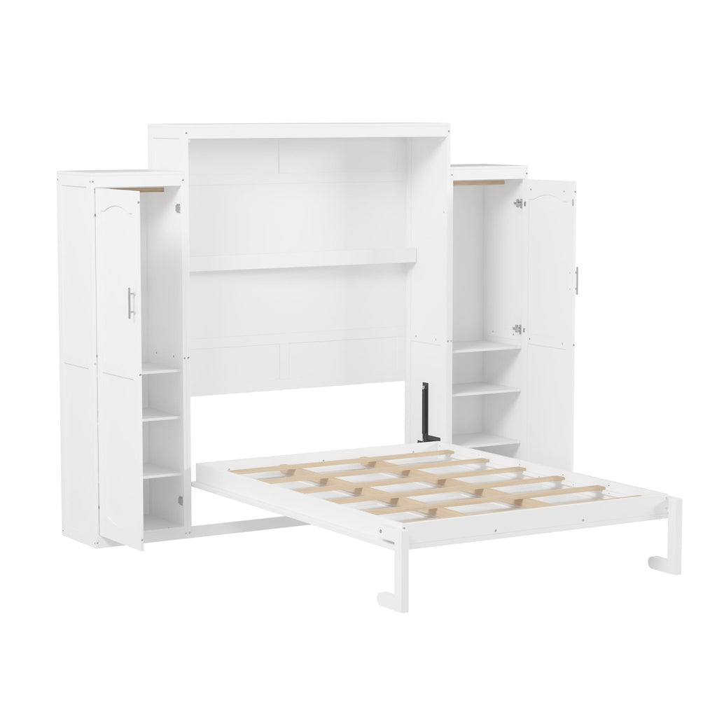 White wood queen Murphy bed with built-in wardrobes by Anthony & Home, showcasing a sleek, space-saving bedroom furniture design.