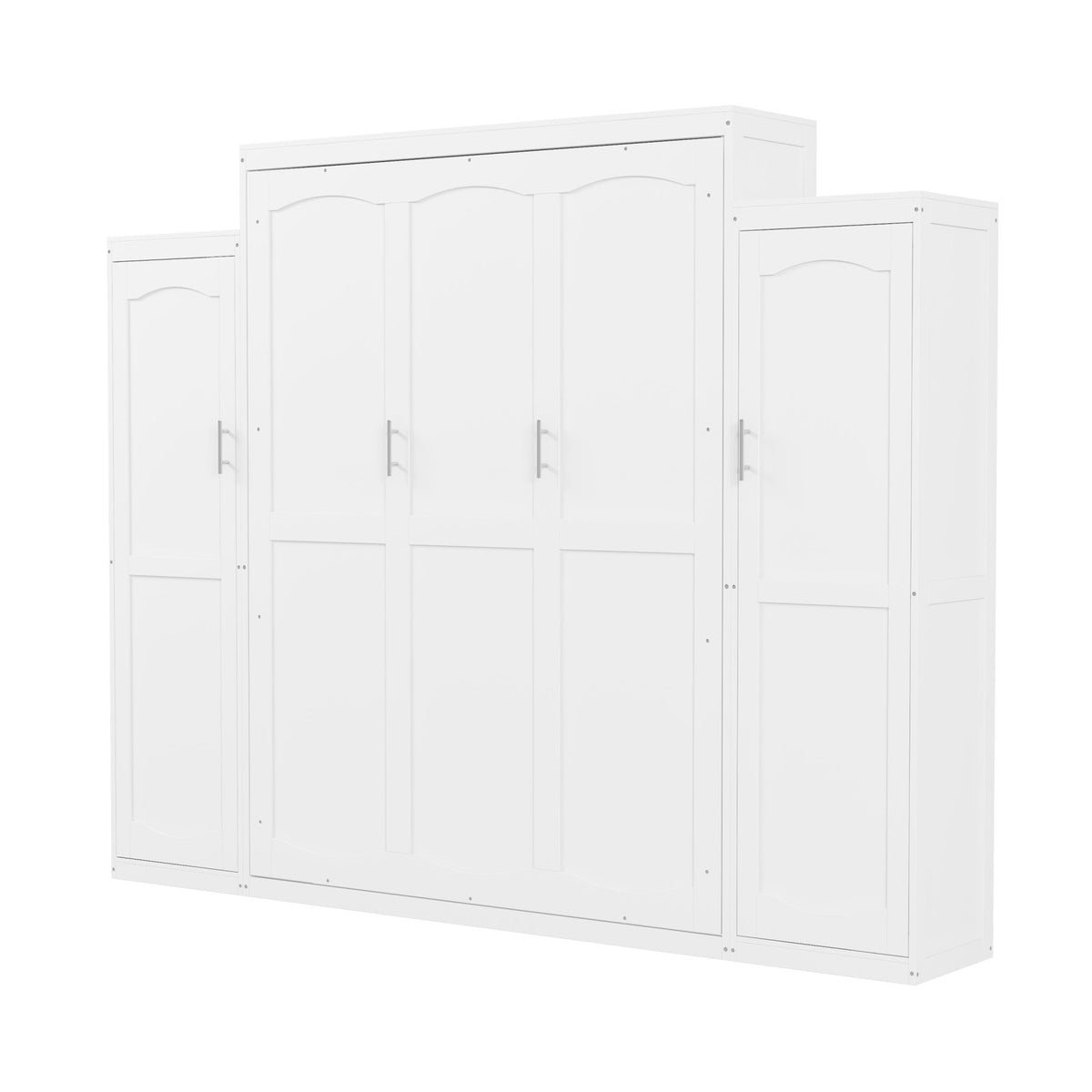 White wood queen Murphy bed with built-in wardrobes, limited edition by Anthony & Home, featuring sleek design and functional storage.