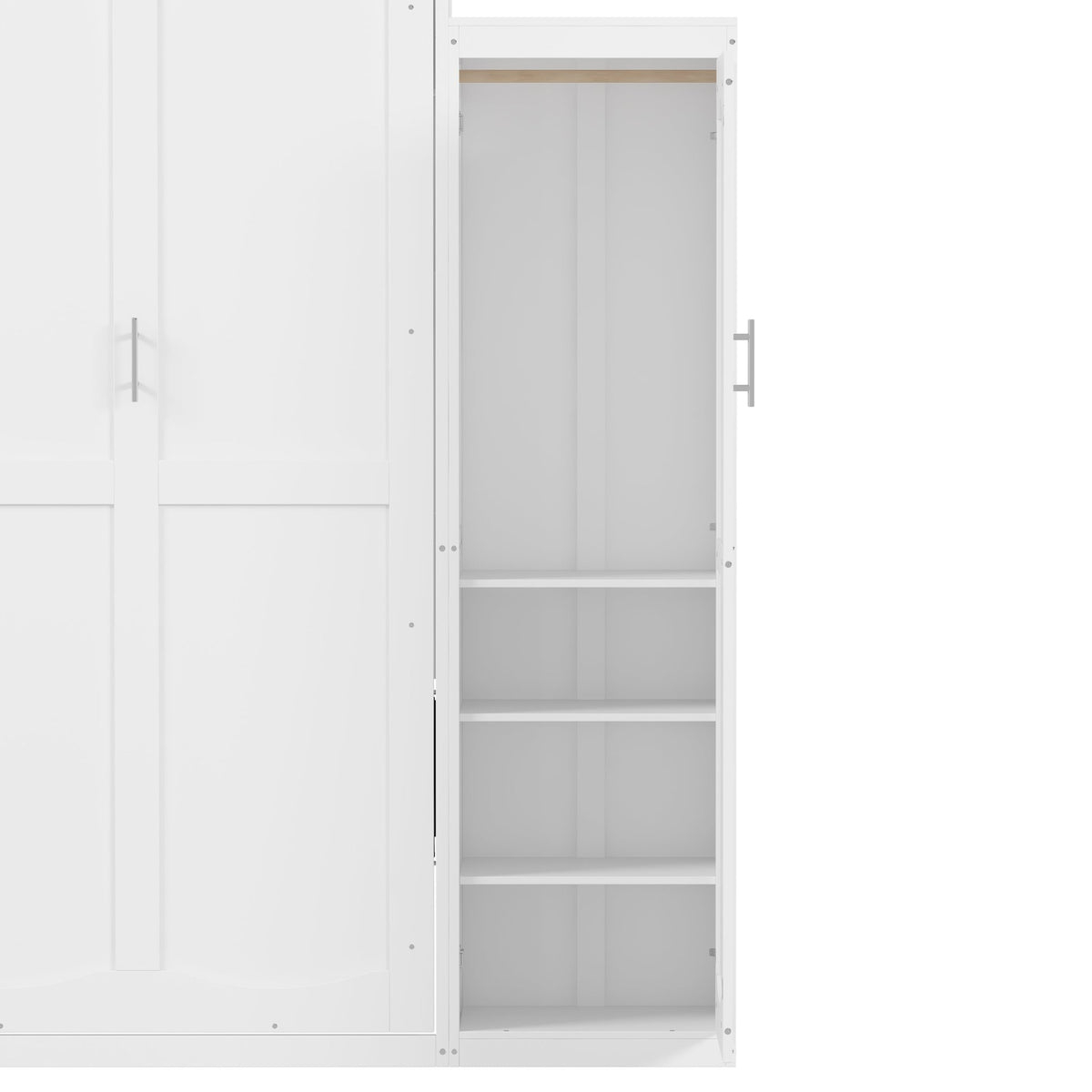 White wood Queen Murphy bed with integrated wardrobes by Anthony & Home, featuring a sleek, space-saving design.