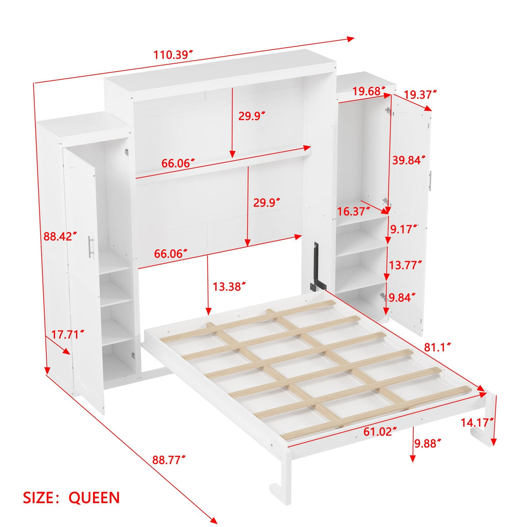 White wood queen Murphy bed with built-in wardrobes, limited edition by Anthony & Home, showcasing a sleek, space-saving bedroom design.