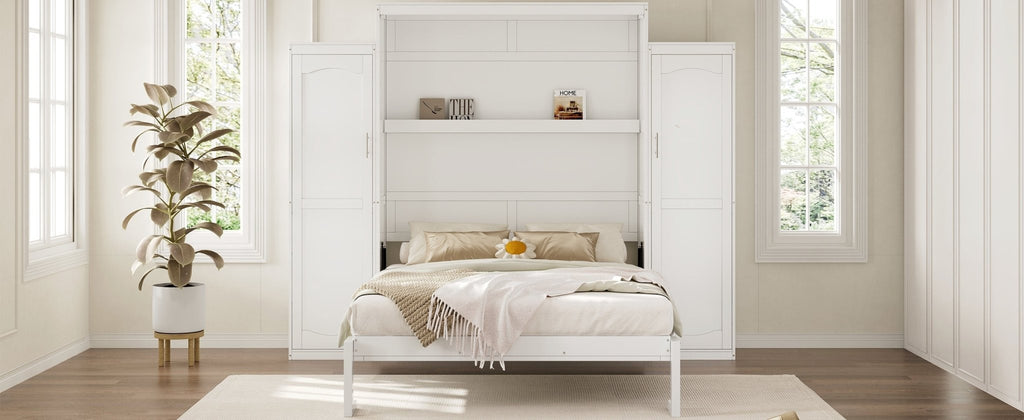 White wood Queen Murphy bed with built-in wardrobes by Anthony & Home, showcasing a sleek, space-saving bedroom furniture design.