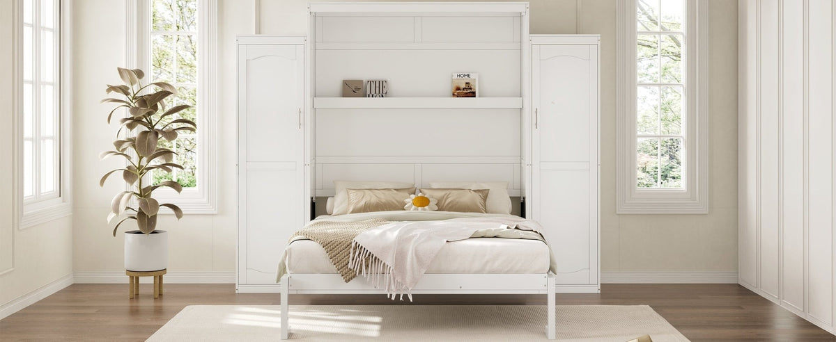 White wood Queen Murphy bed with built-in wardrobes by Anthony & Home, showcasing a sleek, space-saving bedroom furniture design.