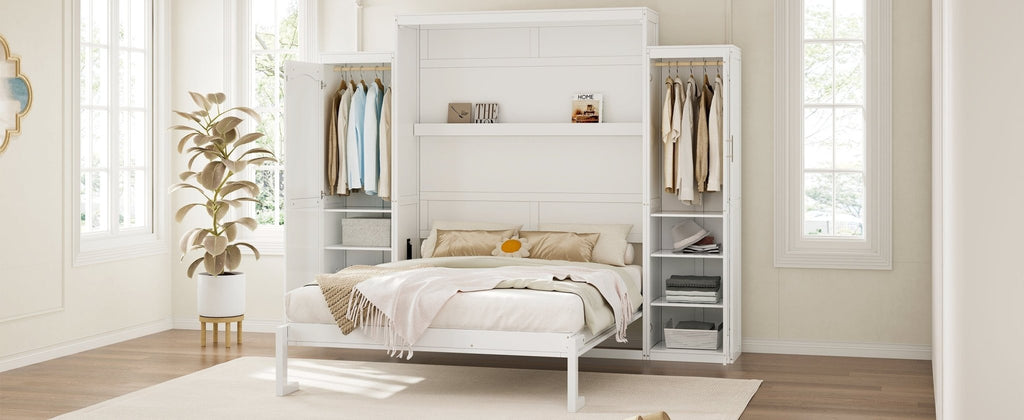White wood queen Murphy bed with built-in wardrobes by Anthony & Home, showcasing a modern space-saving bedroom furniture design.