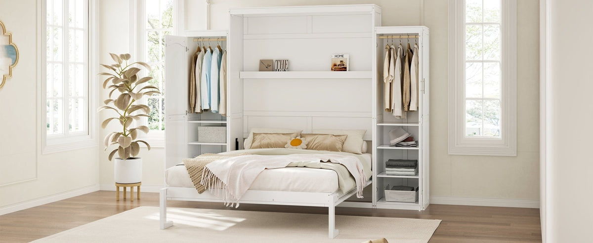 White wood queen Murphy bed with built-in wardrobes by Anthony & Home, showcasing a modern space-saving bedroom furniture design.