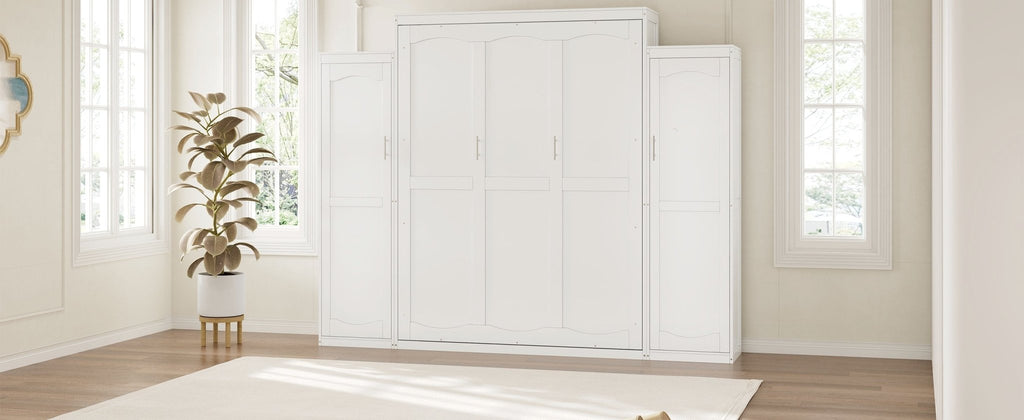 White wood queen Murphy bed with integrated wardrobes by Anthony & Home, showcasing a sleek, space-saving bedroom furniture design.