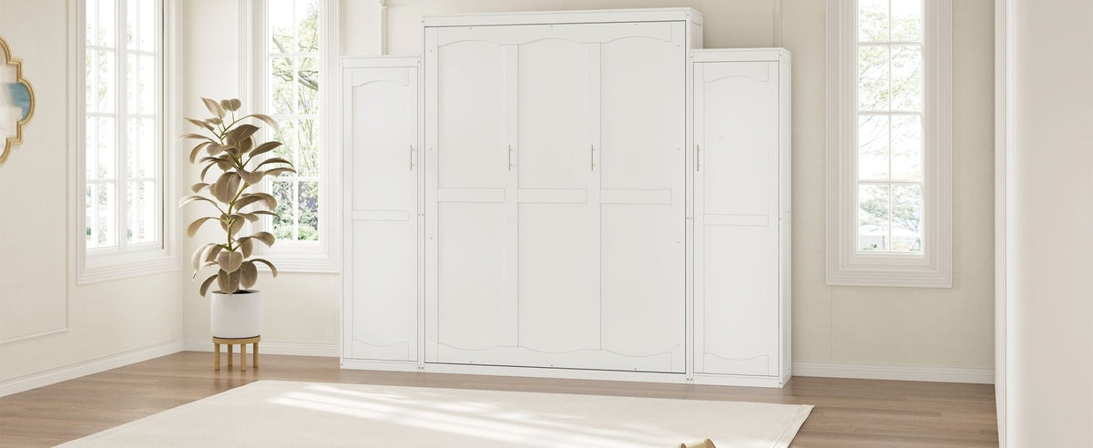 White wood queen Murphy bed with integrated wardrobes by Anthony & Home, showcasing a sleek, space-saving bedroom furniture design.