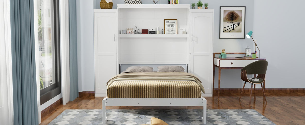 White wood Queen Murphy bed with built-in wardrobes, limited edition by Anthony & Home, showcasing the compact, stylish bedroom furniture.