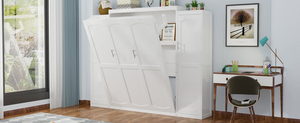 White wood queen Murphy bed with integrated wardrobes by Anthony & Home, showcasing a sleek limited edition bedroom setup.