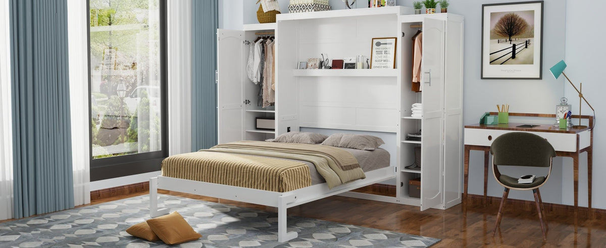 White wood queen Murphy bed with built-in wardrobes by Anthony & Home, featuring a sleek, space-saving design with elegant storage.