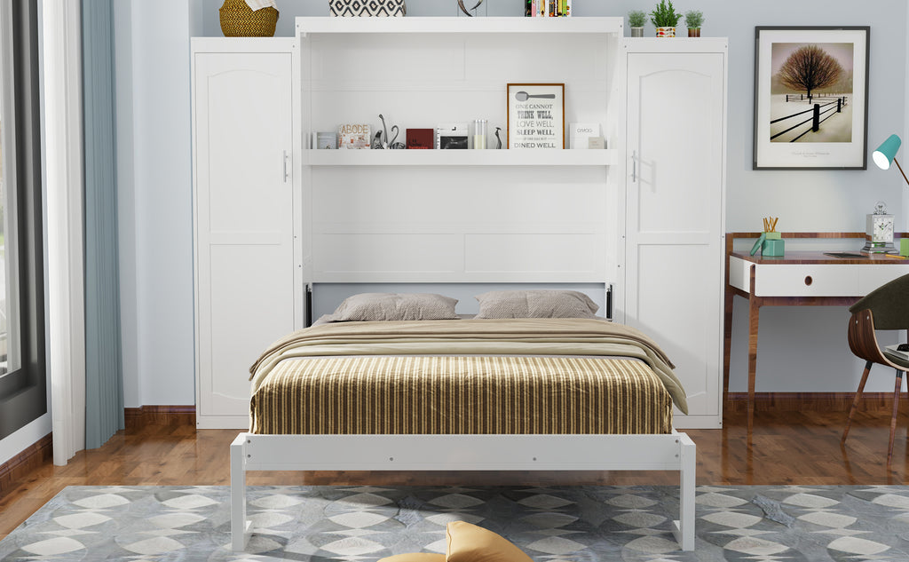 White wood queen Murphy bed with integrated wardrobes by Anthony & Home, showcasing a space-saving foldable bed and storage cabinets.