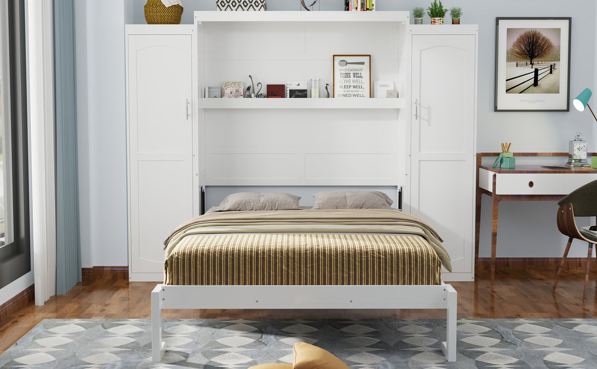 White wood queen Murphy bed with integrated wardrobes by Anthony & Home, showcasing a space-saving foldable bed and storage cabinets.