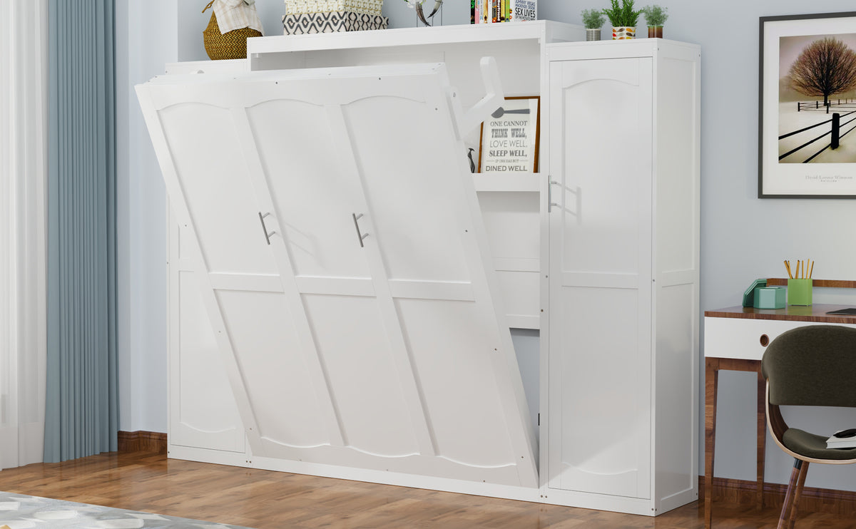 White wood Queen Murphy bed with built-in wardrobes by Anthony & Home, showcasing a compact, stylish space-saving bedroom solution.