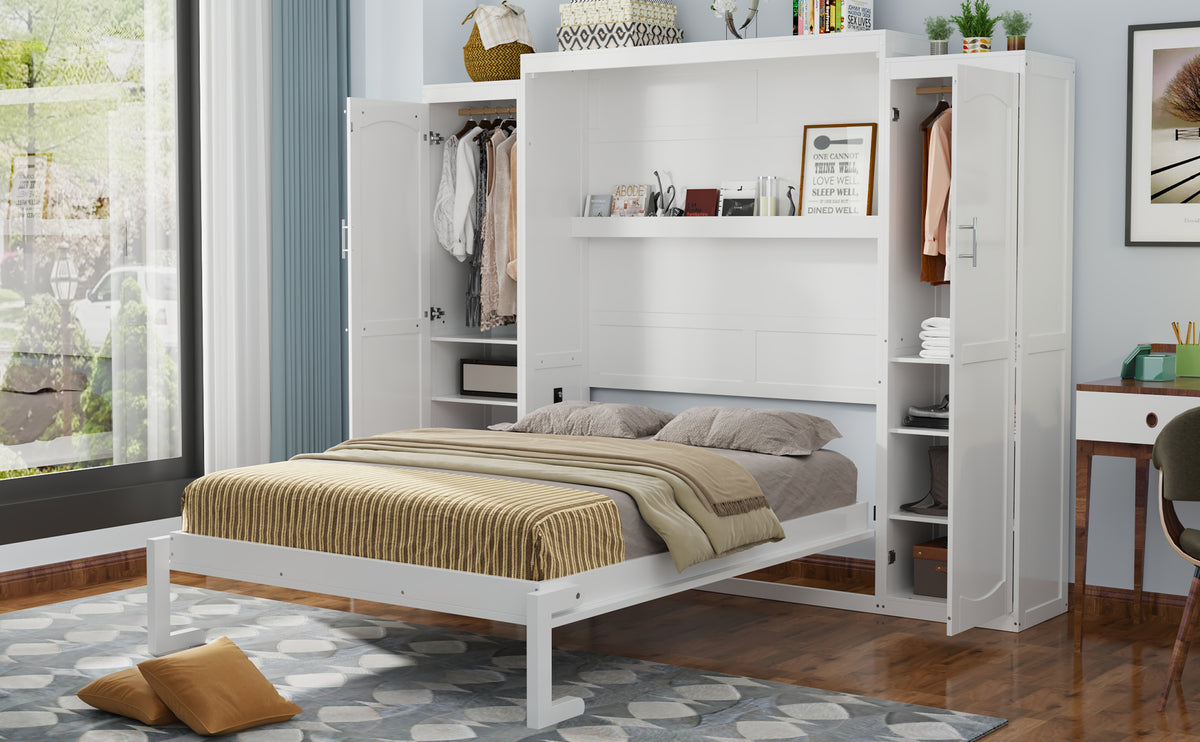 White wood queen Murphy bed with built-in wardrobes from Anthony & Home, showcasing a modern space-saving design.