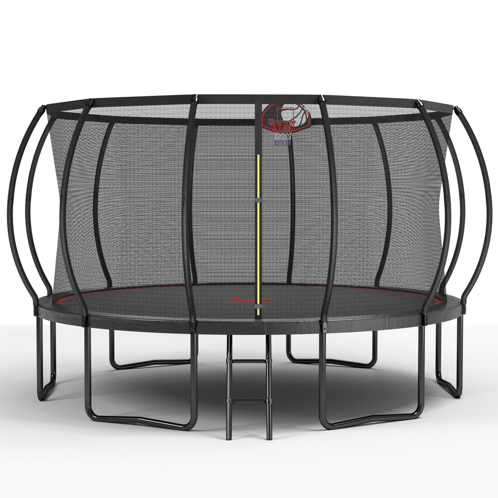 Anthony & Home YC Limited Edition 14-foot outdoor trampoline with galvanized steel frame for garden recreation.