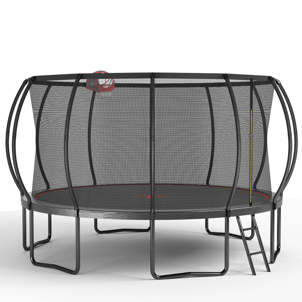 Anthony & Home YC Limited Edition 14-foot outdoor trampoline with galvanized steel frame in a garden setting
