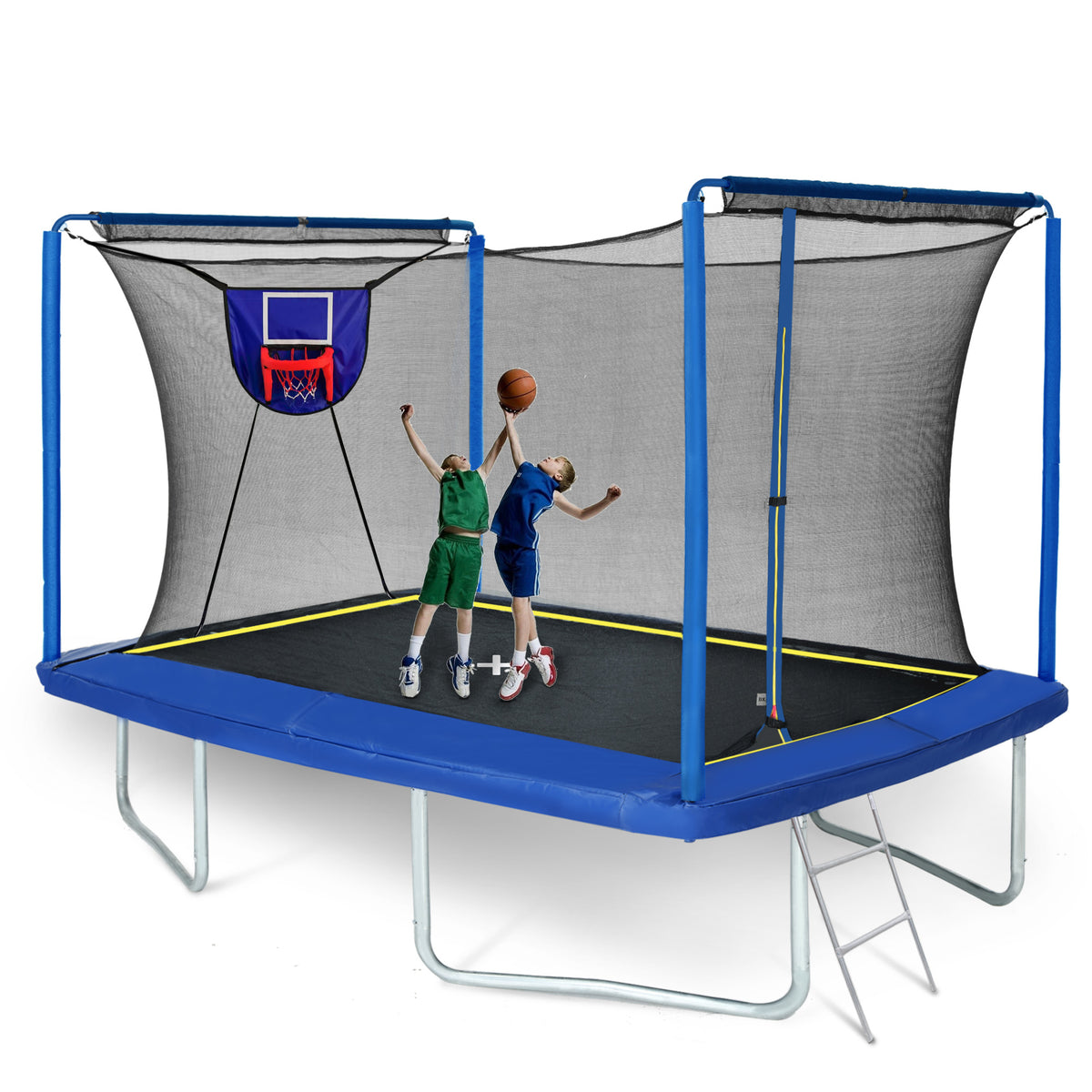 Anthony & Home YC Rectangular Trampoline Elite Edition with safety net and sturdy frame, set up outdoors on a grassy yard.