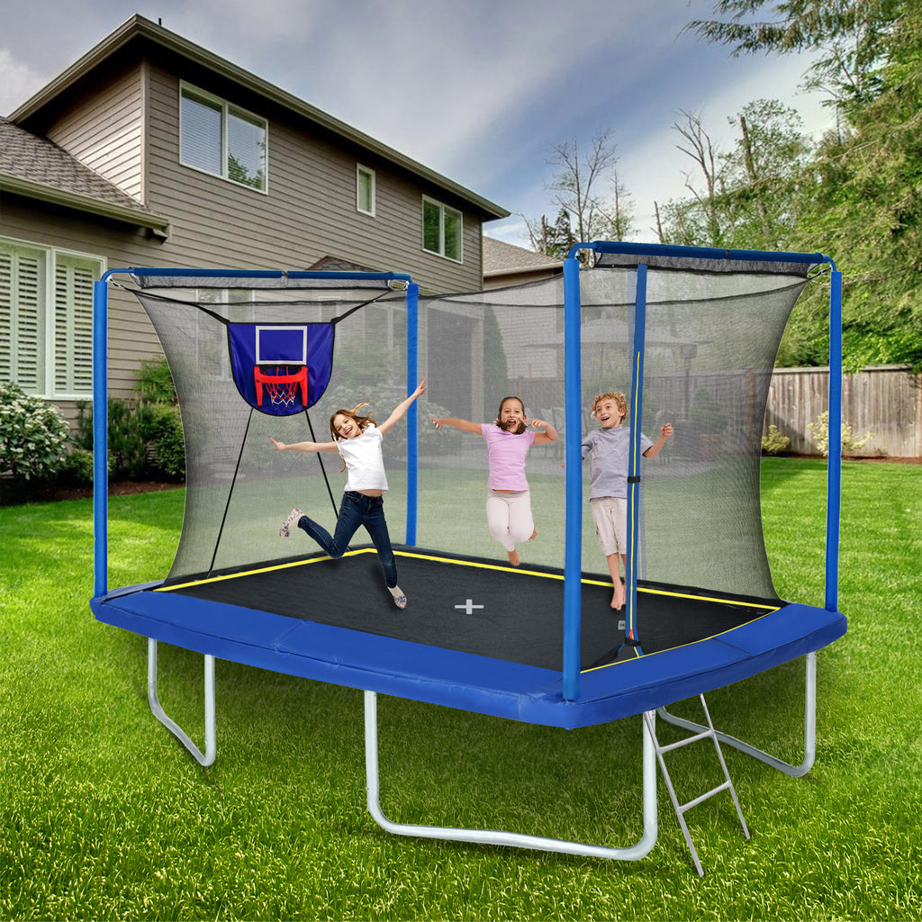Anthony & Home YC Rectangular Trampoline Elite Edition with safety net and padded edges, set up on a grassy backyard area.
