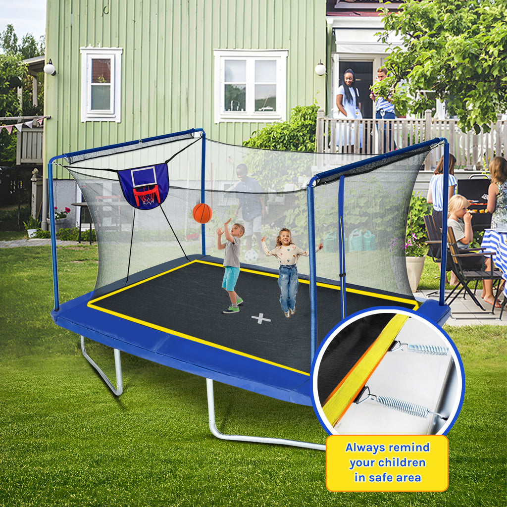 Anthony & Home YC Rectangular Trampoline Elite Edition with safety net and padded edges, set up outdoors on grass.